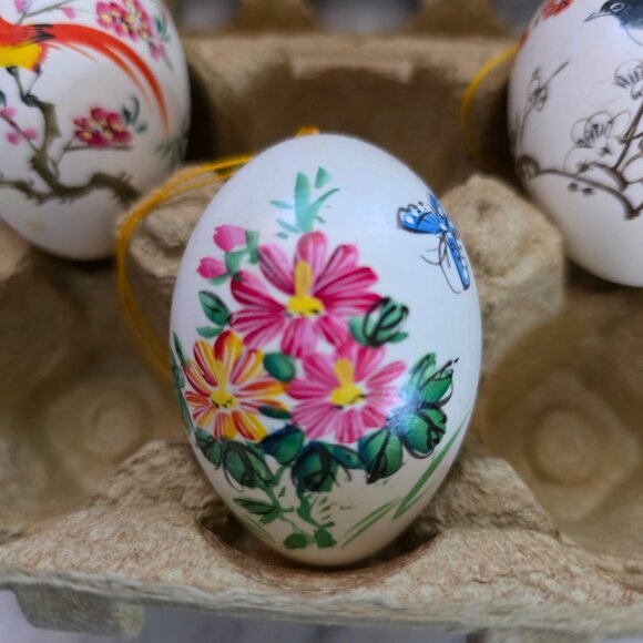 Vintage Hand Painted Decorative Easter Eggs Set 3 Floral Bird Hanging Ornaments - Picture 4 of 7
